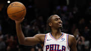 Oct 28, 2025; Washington, District of Columbia, USA; Philadelphia 76ers guard Tyrese Maxey (0) celebrates after the final horn against the Washington Wizards at Capital One Arena. Mandatory Credit: Geoff Burke-Imagn Images