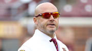 Sep 6, 2025; Minneapolis, Minnesota, USA; Minnesota Golden Gophers head coach P.J. Fleck looks on before the game against the Northwestern State Demons at Huntington Bank Stadium. Mandatory Credit: Matt Krohn-Imagn Images