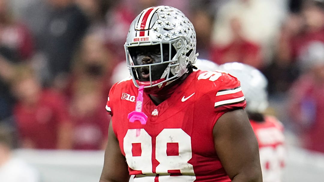 Ohio State Buckeyes defensive tackle Kayden McDonald (98) celebrates during the first half of the Big Ten Conference championship game against the Indiana Hoosiers at Lucas Oil Stadium in Indianapolis on Dec. 6, 2025.