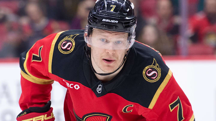 Apr 9, 2026; Ottawa, Ontario, CAN; Ottawa Senators left wing Brady Tkachuk (7) gets in position for a face off  in the first period against the Florida Panthers at the Canadian Tire Centre. Mandatory Credit: Marc DesRosiers-IMAGN Images