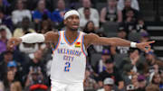 Nov 7, 2025; Sacramento, California, USA; Oklahoma City Thunder guard Shai Gilgeous-Alexander (2) directs teammates during action against the Sacramento Kings in the third quarter at the Golden 1 Center. Mandatory Credit: Cary Edmondson-Imagn Images