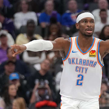Nov 7, 2025; Sacramento, California, USA; Oklahoma City Thunder guard Shai Gilgeous-Alexander (2) directs teammates during action against the Sacramento Kings in the third quarter at the Golden 1 Center. Mandatory Credit: Cary Edmondson-Imagn Images