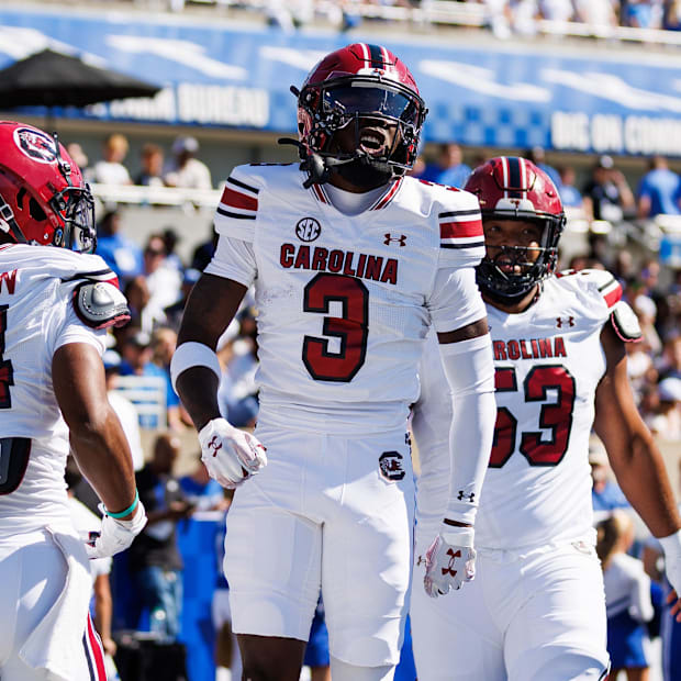 South Carolina Gamecocks wide receiver Mazeo Bennett Jr. (3) celebrates after scoring a touchdown.