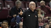 Mar 9, 2024; Tallahassee, Florida, USA; Miami Hurricanes head coach Jim Larranaga reacts during the second half against the Florida State Seminoles at Donald L. Tucker Center. Mandatory Credit: Melina Myers-Imagn Images