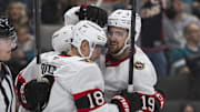 Nov 22, 2025; San Jose, California, USA;  Ottawa Senators center Tim Stützle (18) celebrates with Ottawa Senators right wing Drake Batherson (19) during the third period against the San Jose Sharks at SAP Center at San Jose. Mandatory Credit: Stan Szeto-Imagn Images