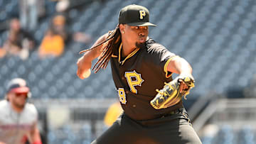 Sep 7, 2024; Pittsburgh, Pennsylvania, USA; Pittsburgh Pirates starting pitcher Luis Ortiz (48) throws to the Washington Nationals during the first inning at PNC Park. Mandatory Credit: Philip G. Pavely-Imagn Images