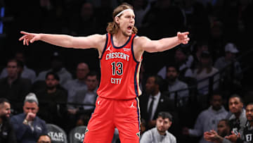 Apr 8, 2025; Brooklyn, New York, USA;  New Orleans Pelicans forward Kelly Olynyk (13) reacts to a call in the first quarter against the Brooklyn Nets at Barclays Center. Mandatory Credit: Wendell Cruz-Imagn Images
