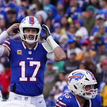 Buffalo Bills quarterback Josh Allen changes the play at the line prior to the snap against the Miami Dolphins.