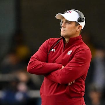 Nov 9, 2024; Nashville, Tennessee, USA;  South Carolina Gamecocks head coach Shane Beamer watches from the sidelines against the Vanderbilt Commodores during the first half at FirstBank Stadium. Mandatory Credit: Steve Roberts-Imagn Images