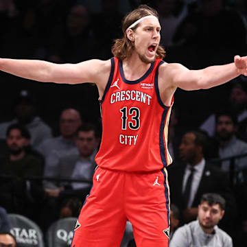 Apr 8, 2025; Brooklyn, New York, USA;  New Orleans Pelicans forward Kelly Olynyk (13) reacts to a call in the first quarter against the Brooklyn Nets at Barclays Center. Mandatory Credit: Wendell Cruz-Imagn Images