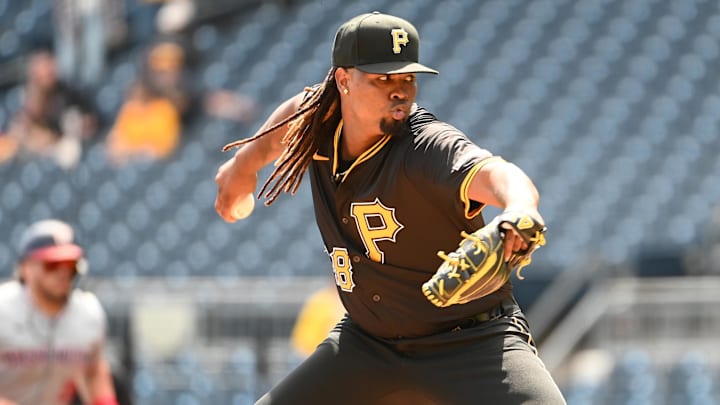 Sep 7, 2024; Pittsburgh, Pennsylvania, USA; Pittsburgh Pirates starting pitcher Luis Ortiz (48) throws to the Washington Nationals during the first inning at PNC Park. Mandatory Credit: Philip G. Pavely-Imagn Images