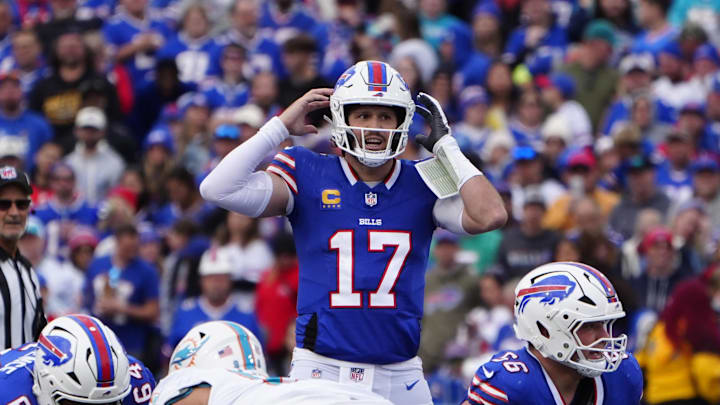 Buffalo Bills quarterback Josh Allen changes the play at the line prior to the snap against the Miami Dolphins. Buffalo Bills quarterback Josh Allen changes the play at the line prior to the snap against the Miami Dolphins.