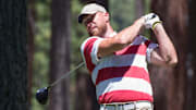 Travis Kelce hits a tee shot during the ACC Golf Tournament at Edgewood Tahoe Golf Course.