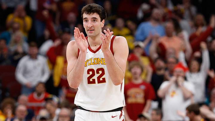 Mar 27, 2026; Chicago, IL, USA; Iowa State Cyclones forward Milan Momcilovic (22) reacts in the first half against the Tennessee Volunteers during a Sweet Sixteen game of the Midwest Regional of the men's 2026 NCAA Tournament at United Center. Mandatory Credit: Kamil Krzaczynski-Imagn Images