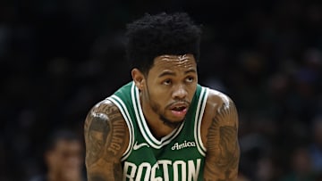 Oct 22, 2025; Boston, Massachusetts, USA; Boston Celtics guard Anfernee Simons (4) during the second quarter against the Philadelphia 76ers at TD Garden. Mandatory Credit: Winslow Townson-Imagn Images
