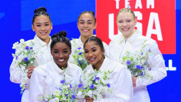 Suni Lee, Hezly Rivera, Jade Carey, Simone Biles, and Jordan Chiles