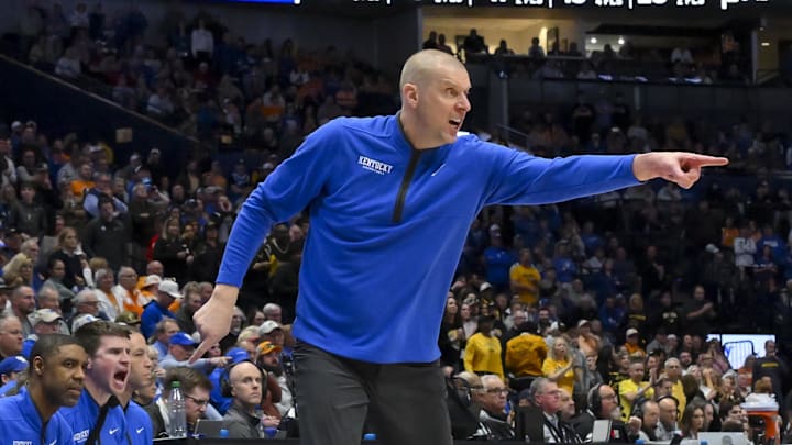 Mar 12, 2026; Nashville, TN, USA;  Kentucky Wildcats head coach Mark Pope yells to his team against the Missouri Tigers during the second half at Bridgestone Arena. Mandatory Credit: Steve Roberts-Imagn Images