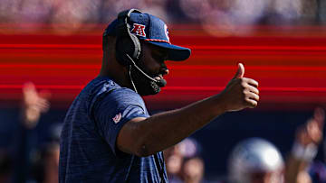 Sep 15, 2024; Foxborough, Massachusetts, USA; New England Patriots head coach Jerod Mayo watches from the sideline as they take on the Seattle Seahawks at Gillette Stadium. Mandatory Credit: David Butler II-Imagn Images