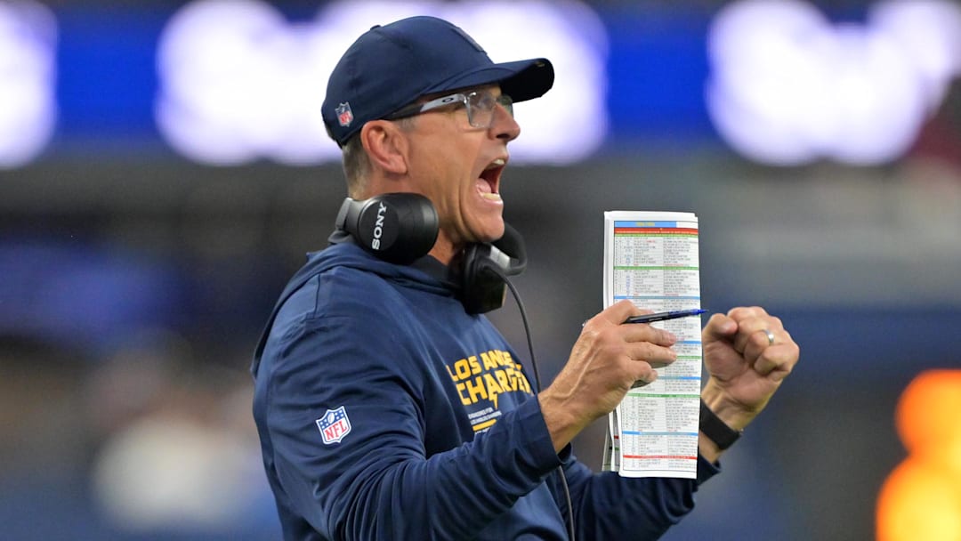 Nov 30, 2025; Inglewood, California, USA; Los Angeles Chargers head coach Jim Harbaugh reacts during the second half at SoFi Stadium. Mandatory Credit: Jayne Kamin-Oncea-Imagn Images Nov 30, 2025; Inglewood, California, USA; Los Angeles Chargers head coach Jim Harbaugh reacts during the second half at SoFi Stadium. Mandatory Credit: Jayne Kamin-Oncea-Imagn Images