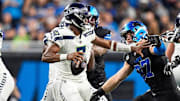 Detroit Lions defensive end Aidan Hutchinson (97) pressures Seattle Seahawks quarterback Geno Smith (7) during the second half at Ford Field in Detroit on Monday, Sept. 30, 2024.