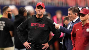Dec 6, 2025; Atlanta, GA, USA; Alabama Crimson Tide head coach Kalen Deboer looks on before the game against the Georgia Bulldogs during the 2025 SEC Championship game at Mercedes-Benz Stadium. Mandatory Credit: Dale Zanine-Imagn Images