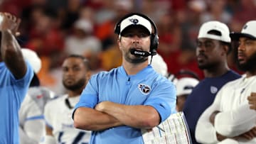 Aug 9, 2025; Tampa, Florida, USA; Tennessee Titans head coach Brian Callahan against the Tampa Bay Buccaneers during the second half at Raymond James Stadium. 