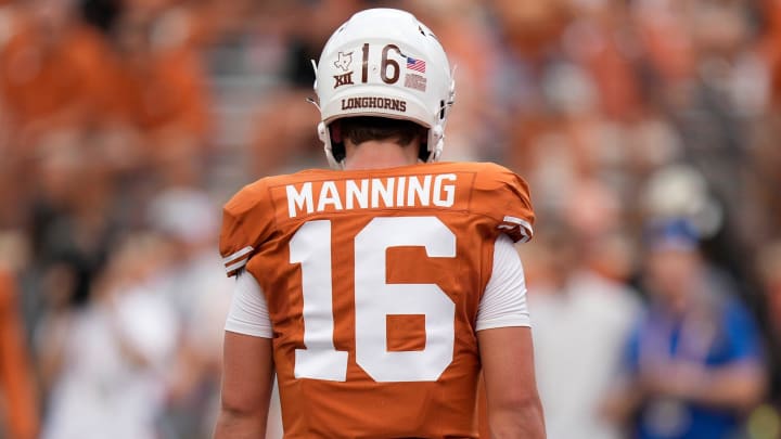 Texas Longhorns quarterback Arch Manning warms up before the game against the BYU Cougars at Royal-Memorial Stadium on Saturday October 28, 2023.