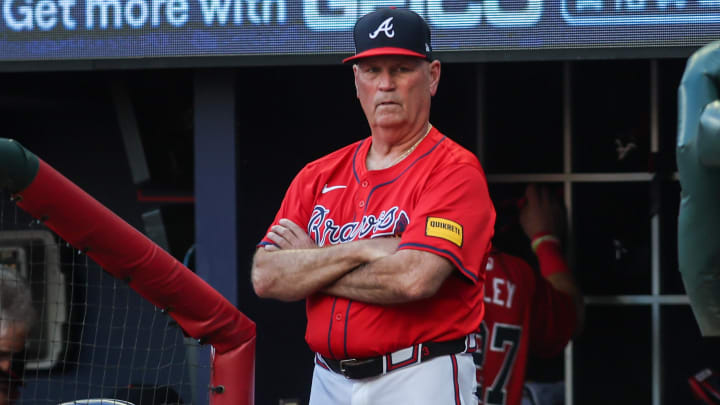 Jun 14, 2024; Atlanta, Georgia, USA; Atlanta Braves manager Brian Snitker (43) in the dugout against the Tampa Bay Rays in the second inning at Truist Park.