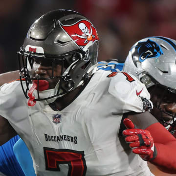 Dec 3, 2023; Tampa, Florida, USA; Tampa Bay Buccaneers linebacker Shaquil Barrett (7) rushes Carolina Panthers quarterback Bryce Young (9) during the second half at Raymond James Stadium. Mandatory Credit: Kim Klement Neitzel-USA TODAY Sportss