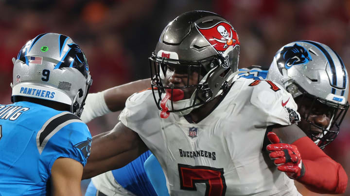 Dec 3, 2023; Tampa, Florida, USA; Tampa Bay Buccaneers linebacker Shaquil Barrett (7) rushes Carolina Panthers quarterback Bryce Young (9) during the second half at Raymond James Stadium. Mandatory Credit: Kim Klement Neitzel-USA TODAY Sportss