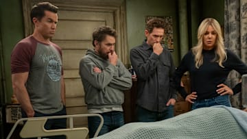IT'S ALWAYS SUNNY IN PHILADELPHIA -- "Frank Is In A Coma" -- Season 17, Episode 2 -- Pictured (L-R): Rob McElhenney as Mac, Charlie Day as Charlie, Glenn Howerton as Dennis, Kaitlin Olson as Dee, Danny DeVito as Frank. CR: Patrick McElhenney/FX