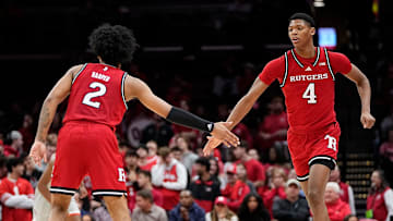 Rutgers Scarlet Knights guard Dylan Harper (2) high fives guard Ace Bailey (4) during the second half of the NCAA men's basketball game against the Ohio State Buckeyes at Value City Arena in Columbus on Saturday, Dec. 7, 2024. Ohio State won 80-66.