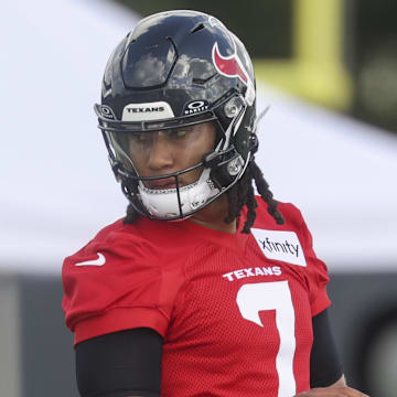 Jul 23, 2025; Houston, TX, USA;  Houston Texans quarterback C.J. Stroud (7) during training camp at Houston Methodist Training Center. Mandatory Credit: Troy Taormina-Imagn Images