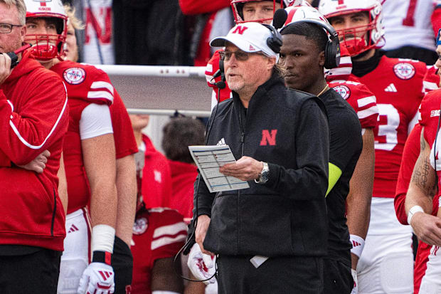 Nebraska Cornhuskers assistant coach Dana Holgorsen on the sideline during the second quarter against the Wisconsin Badgers.