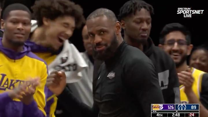 LeBron James reacts to Bronny scoring an and-one during the Lakers win over the Wizards. 