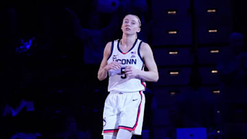 Mar 9, 2025; Uncasville, CT, USA; UConn Huskies guard Paige Bueckers (5) on the court before the start of the game against the Villanova Wildcats at Mohegan Sun Arena. Mandatory Credit: David Butler II-Imagn Images