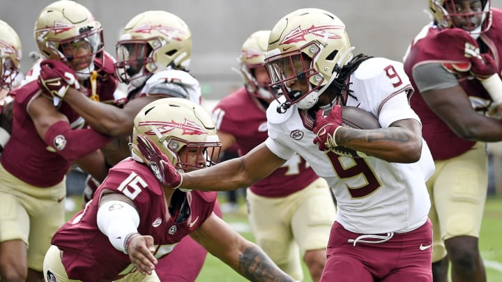 Apr 20, 2024; Tallahassee, Florida, USA; Florida State Seminoles running back Lawrance Toafili (9) runs the ball during the Spring Showcase at Doak S. Campbell Stadium. Mandatory Credit: Melina Myers-USA TODAY Sports