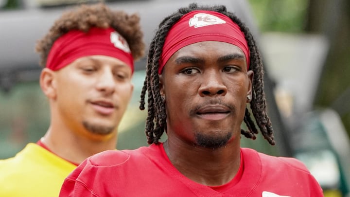 Jul 24, 2023; St. Joseph, MO, USA; KKansas City Chiefs wide receiver Rashee Rice (4) walks from the locker room to the practice fields during training camp at Missouri Western State University. Mandatory Credit: Denny Medley-Imagn Images