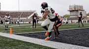 Apr 16, 2022; Corvallis, OR, USA; Oregon State Beavers tight end Bryce Caufield (89) is unable to score a touchdown as Oregon State Beavers defensive back Tyeson Thomas (25) defends during the Oregon State spring football game at Reser Stadium. Mandatory Credit: Soobum Im-Imagn Images