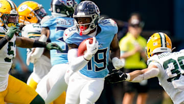 Tennessee Titans wide receiver Jha'Quan Jackson (19) runs the ball against the Green Bay Packers during the third quarter at Nissan Stadium in Nashville, Tenn., Sunday, Sept. 22, 2024.