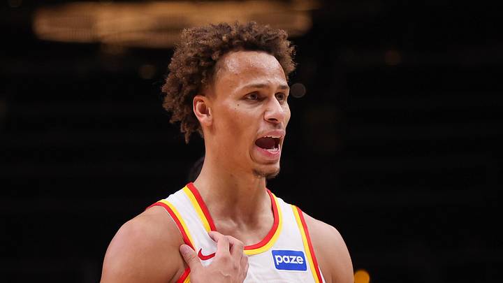 Atlanta Hawks guard Dyson Daniels (5) reacts to a call against the Orlando Magic in the third quarter at State Farm Arena on November 4, 2025.