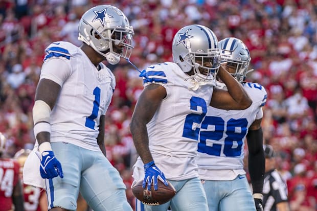 Dallas Cowboys cornerback Jourdan Lewis is congratulated for scoring a touchdown against the San Francisco 49ers.