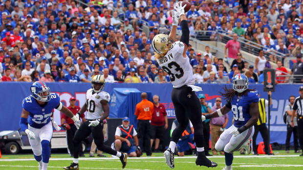 Sep 18, 2016; New Orleans Saints wide receiver Willie Snead (83) catches a touchdown pass against the New York Giants  