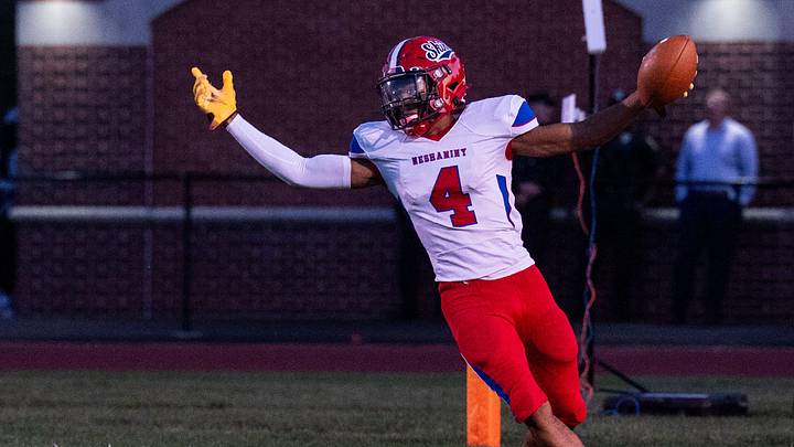 Neshaminy's Brock Williams, 4, celebrates his touchdown against Abington during a football game in Abington on Sept. 19, 2025.