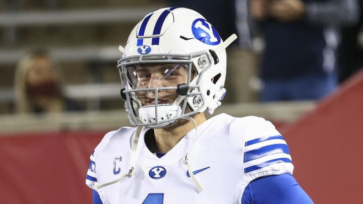 Oct 16, 2020; Houston, Texas, USA; Brigham Young Cougars quarterback Zach Wilson (1) jogs onto the field before a game against the Houston Cougars at TDECU Stadium. Mandatory Credit: Troy Taormina-USA TODAY Sports