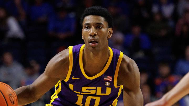 Jan 20, 2026; Gainesville, Florida, USA; Louisiana State Tigers forward Marquel Sutton (10) dribbles the ball while Florida Gators forward Thomas Haugh (10) defends during the first half at Exactech Arena at the Stephen C. O'Connell Center. Mandatory Credit: Matt Pendleton-Imagn Images