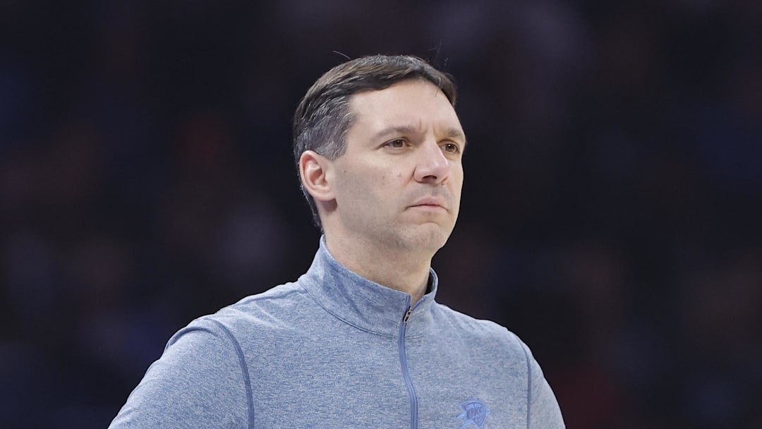 Jan 5, 2026; Oklahoma City, Oklahoma, USA; Oklahoma City Thunder head coach Mark Daigneault watches his team play against the Charlotte Hornets during the second quarter at Paycom Center. Mandatory Credit: Alonzo Adams-Imagn Images