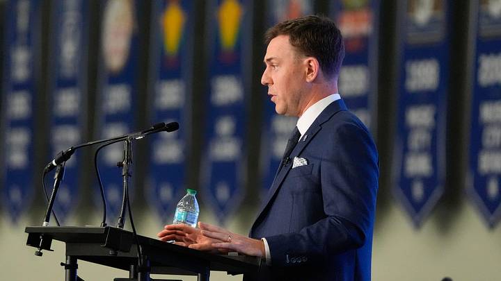 New Kentucky Wildcat head coach Will Stein makes remarks as he is introduced at Kentucky on Wednesday, December 3, 2025