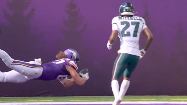 Vikings tight end T.J. Hockenson's touchdown catch in the fourth quarter against the Eagles was controversially overturned. Vikings tight end T.J. Hockenson's touchdown catch in the fourth quarter against the Eagles was controversially overturned.