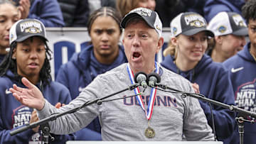 Connecticut Governor Ned Lamont addresses the crowd during the Final Four champions victory parade and rally outside of the XL Center in Hartford, CT. 